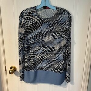 Impact Blouse Womens Large Blue Excellent Abstract Print Long Sleeve Mixed Media